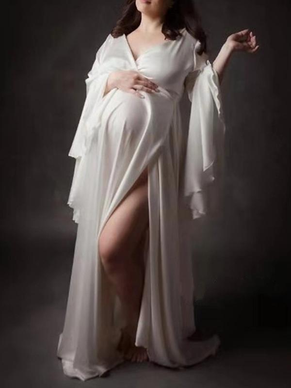 Sashes V-neck Flare Sleeve Slit Babyshower Maternity Maxi Dress