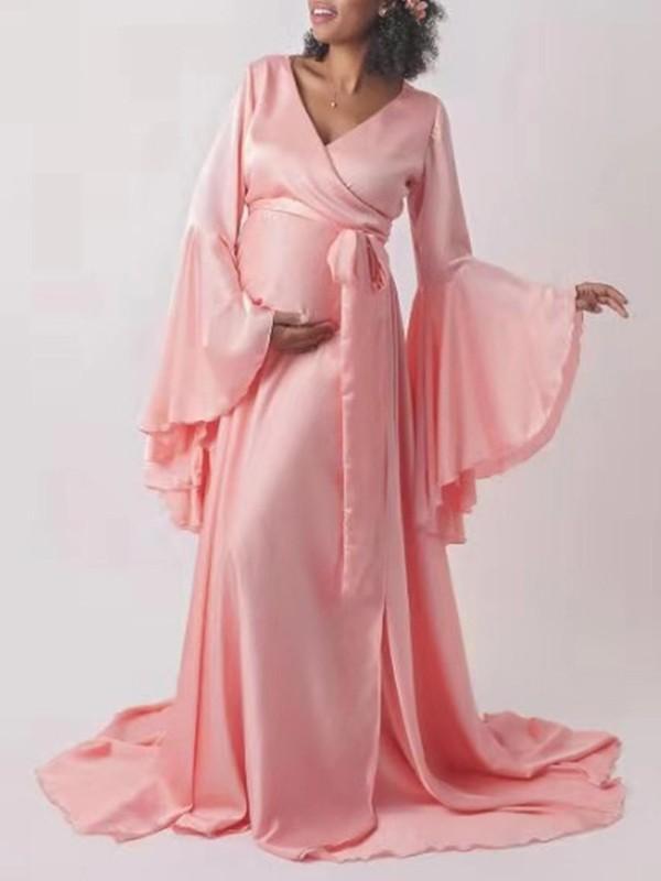 Sashes V-neck Flare Sleeve Slit Babyshower Maternity Maxi Dress