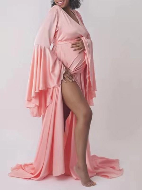 Sashes V-neck Flare Sleeve Slit Babyshower Maternity Maxi Dress