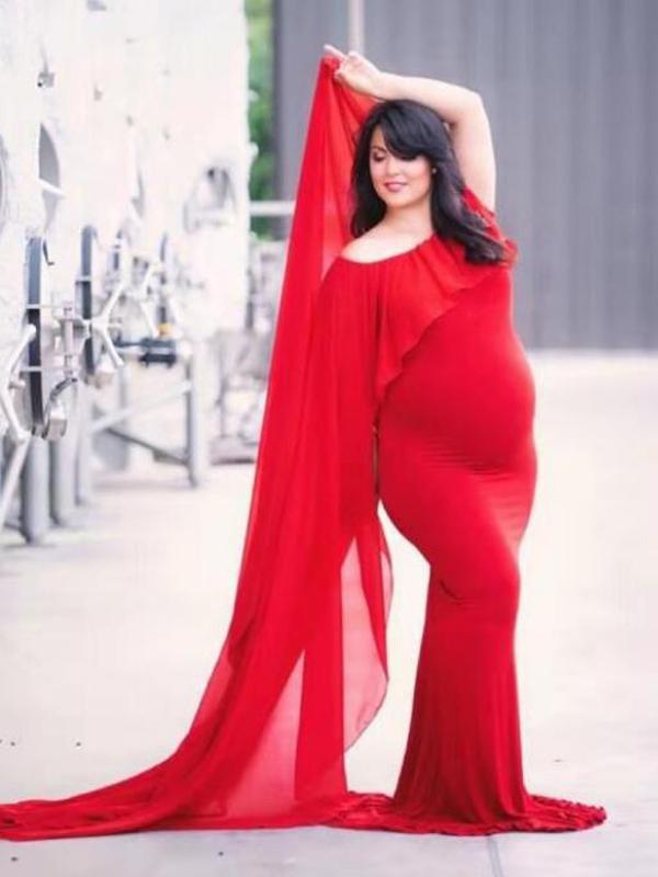 Ruffle Off Shoulder Photoshoot Cape Maternity Maxi Dress