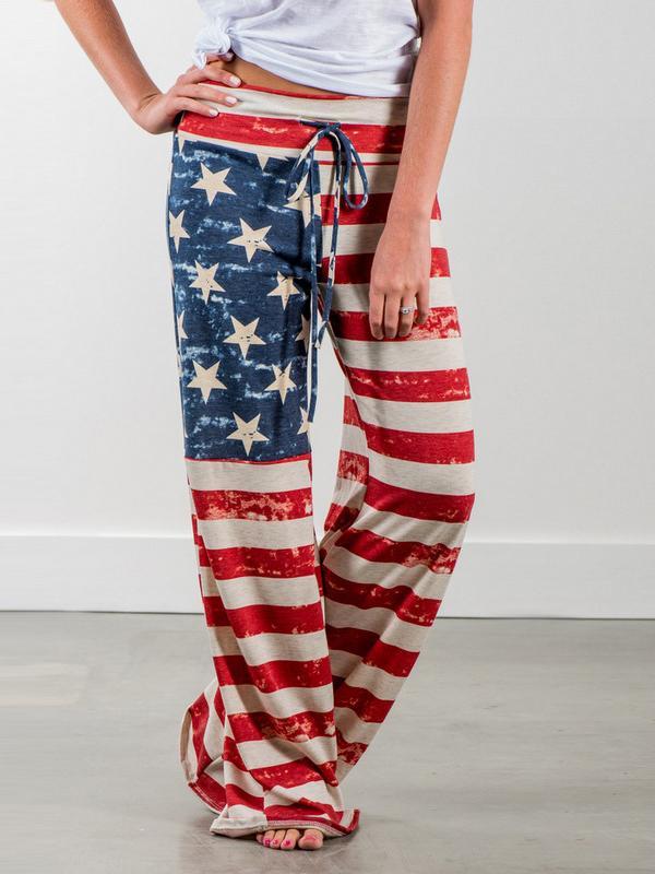 Seindeal American Flag Striped Print Drawstring Long Lounge Pants Pajama