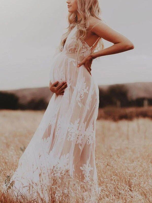 Lace Grenadine Flowy Vneck Sleeveless White Maternity Maxi Dress – SeinDeal Lace Grenadine Flowy Vneck Sleeveless White Maternity Maxi Dress – SeinDeal