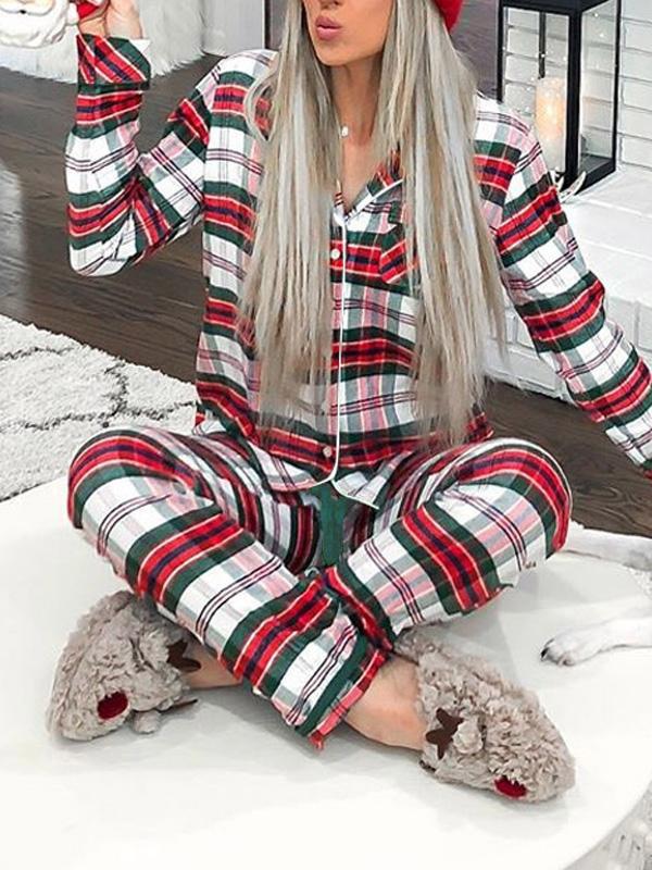 Plaid Christmas Button Pockets Long Pajama Long Sleeve Maternity Jumpsuit