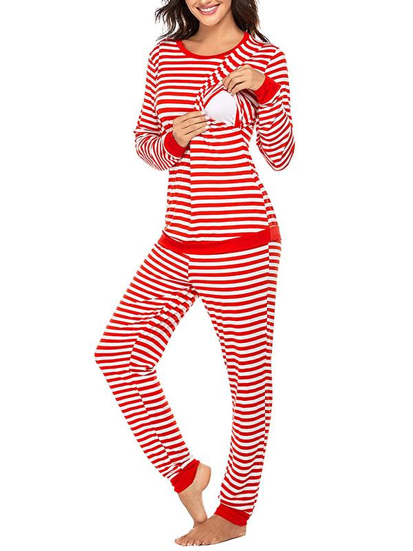 Striped Round Neck Long Sleeve Nursing Maternity Long Pajama Set