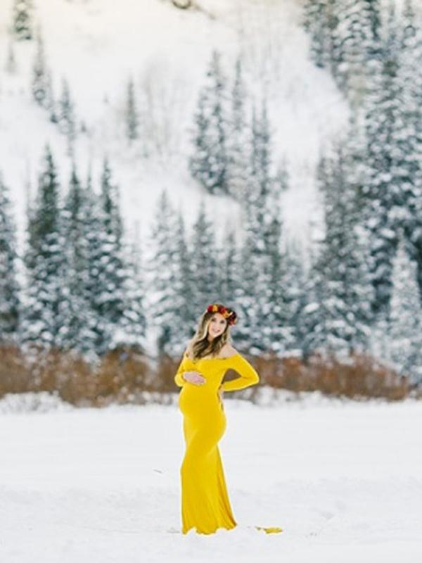 Seindeal Solid Color Off Shoulder Maxi Baby Shower Mermaid Maternity Dress for Photoshoot