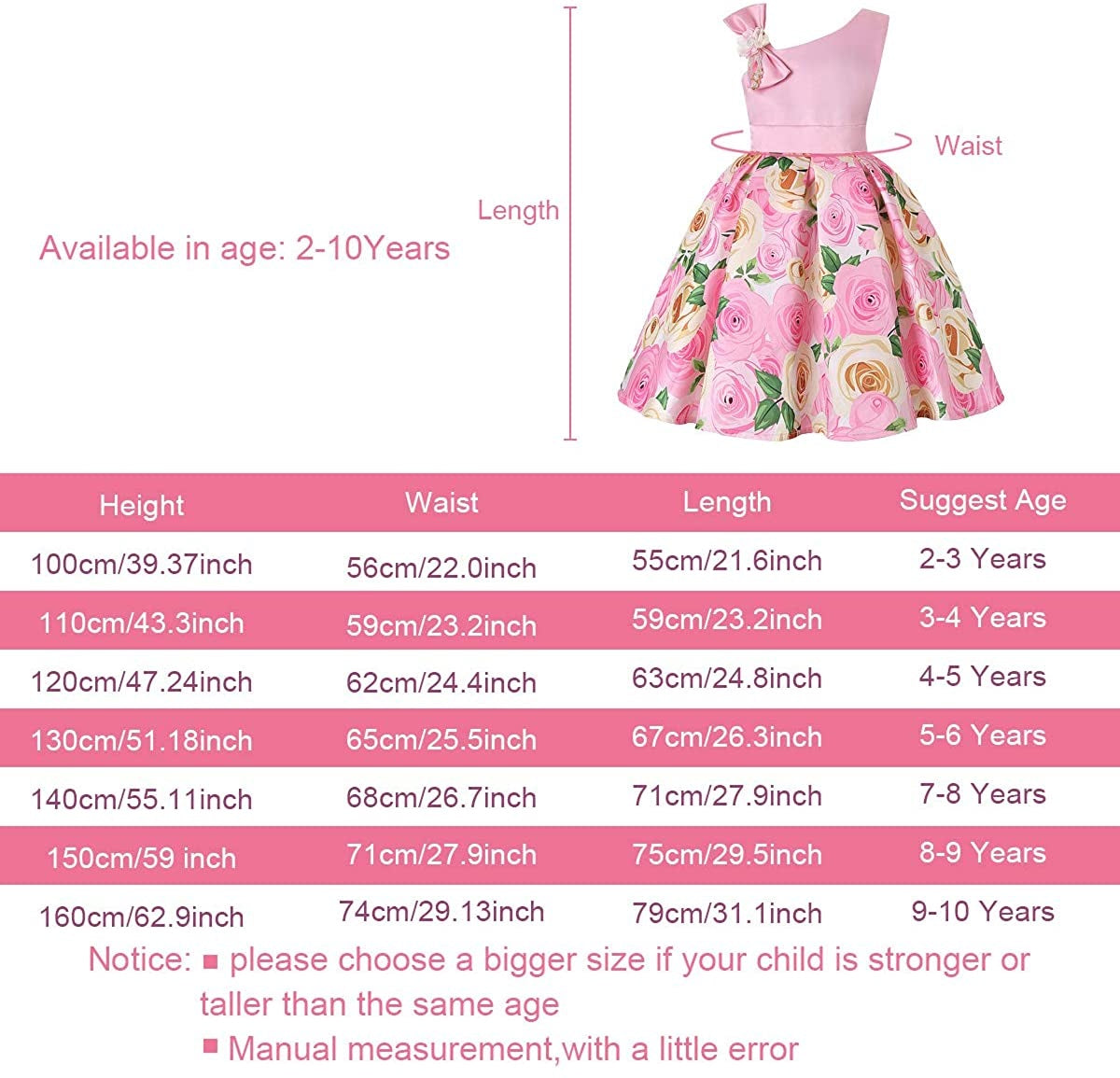 Girls Flower Dresses One Shoulder with Bowknot Princess Gown for Wedding Birthday Party 2-10Years
