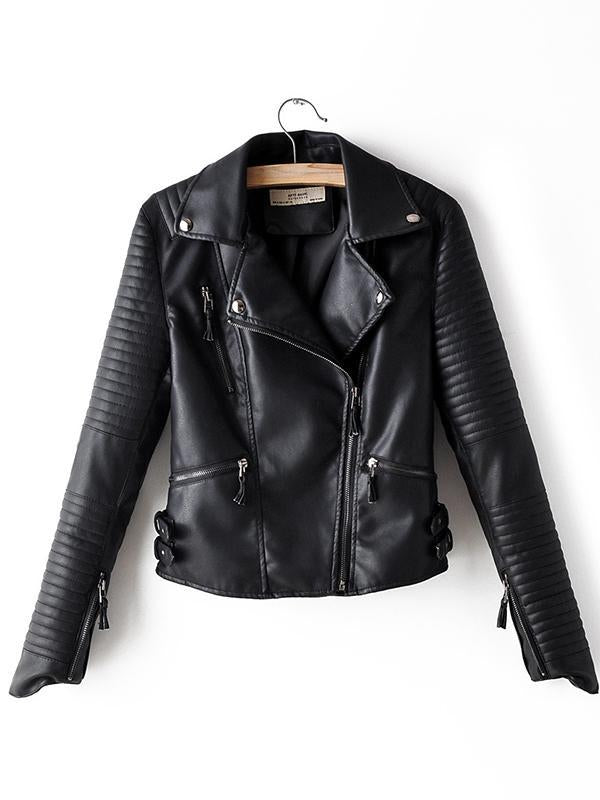 Black Zipper Turn Down Collar Long Sleeve Casual Short Women Leather Jacket