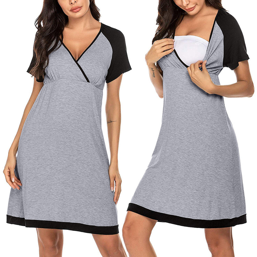 Seindeal Draped V-neck Short Sleeve Maternity Nursing Pajama Mini Dress