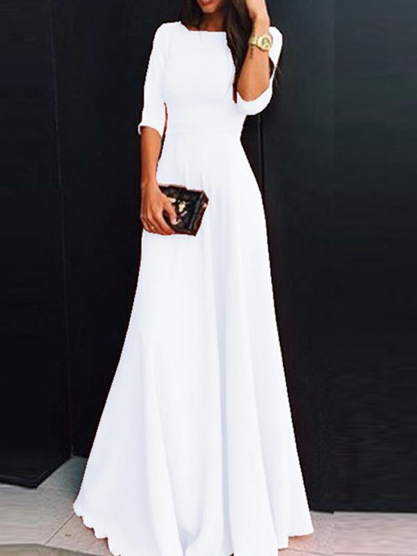 Seindeal White Draped Round Neck 3/4 Sleeves Elegant Maxi Dress Ball Gown Evening Dress