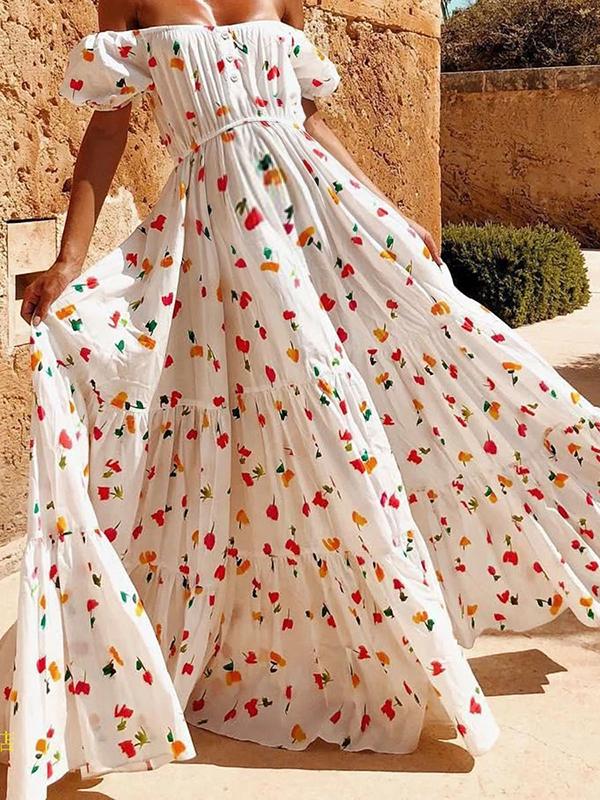 Floral Off Shoulder Ruffle Flowy Floor Length Boat Neck Maternity Maxi Dress