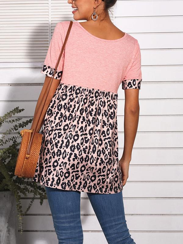 Seindeal Patchwork Leopard V-eck Short Sleeve Maternity T-Shirt Casual