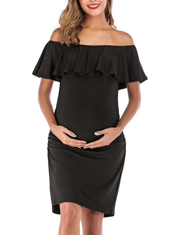 Seindeal Ruffle Off Shoulder Maternity Bodycon Dress Mini for Baby Shower