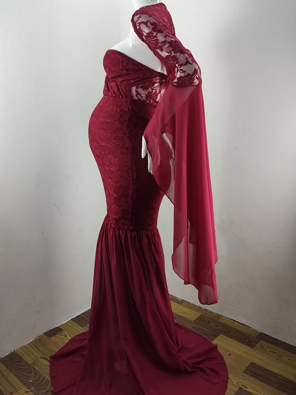 Seindeal Red Lace Maternity Photoshot Dress Mermaid Maxi Bandeau Chiffon