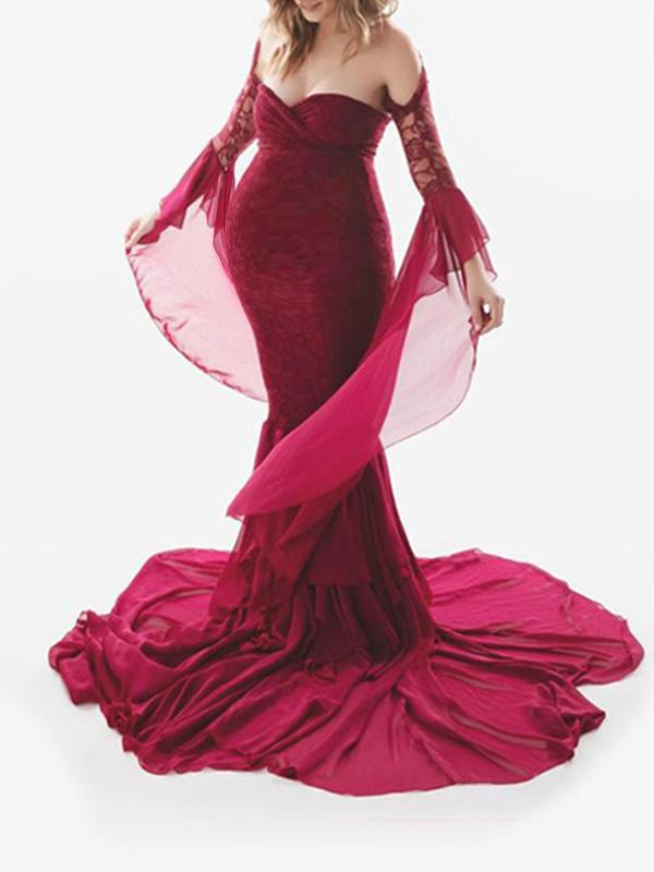 Seindeal Red Lace Maternity Photoshot Dress Mermaid Maxi Bandeau Chiffon