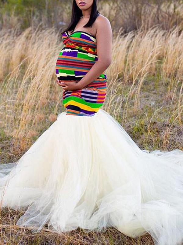 Seindeal Boho Print Bandeau Tutu Mermaid Bodycon for Babyshower Maternity Maxi Dress
