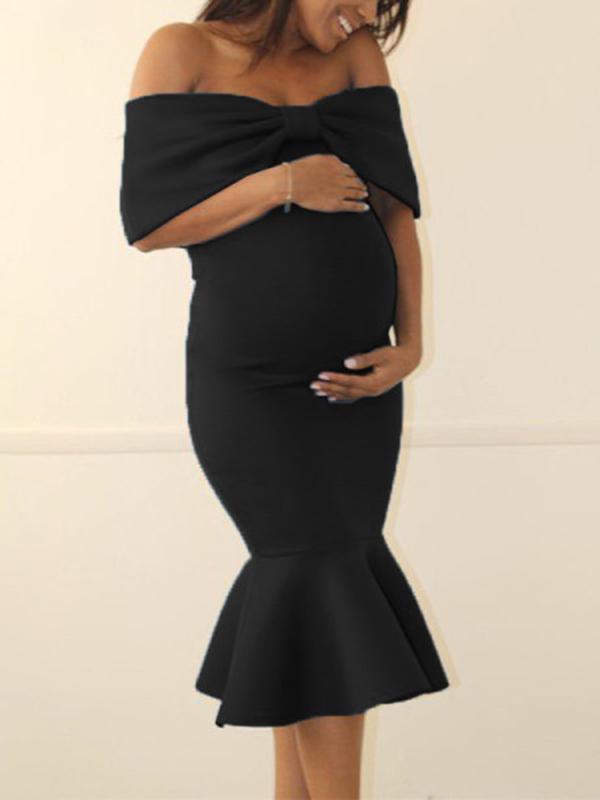 Seindeal Ruffle Bow Off Shouder Bodycon Maternity for Baby Shower Midi Dress for Early Pregnancy