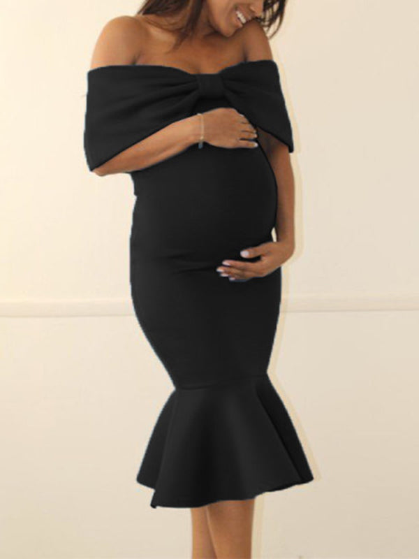 Seindeal Ruffle Bow Off Shouder Bodycon Maternity for Baby Shower Midi Dress for Early Pregnancy