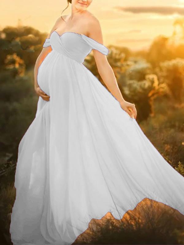 Seindeal Solid Draped Off Shoulder Maternity For Babyshower Elegant Maxi Dress