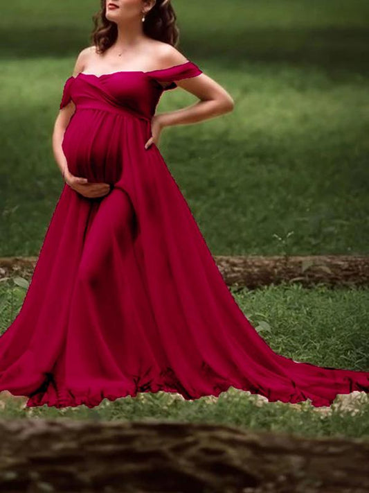 Seindeal Solid Draped Off Shoulder Maternity For Babyshower Elegant Maxi Dress