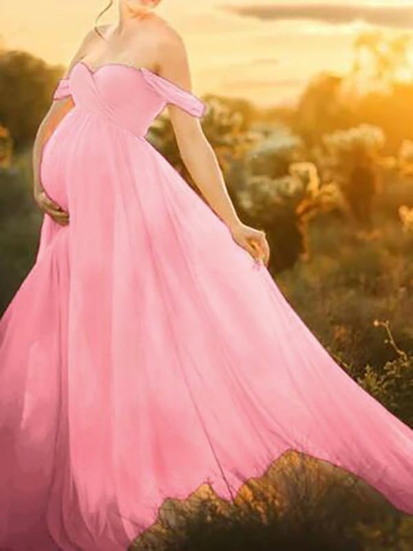 Seindeal Solid Draped Off Shoulder Maternity For Babyshower Elegant Maxi Dress