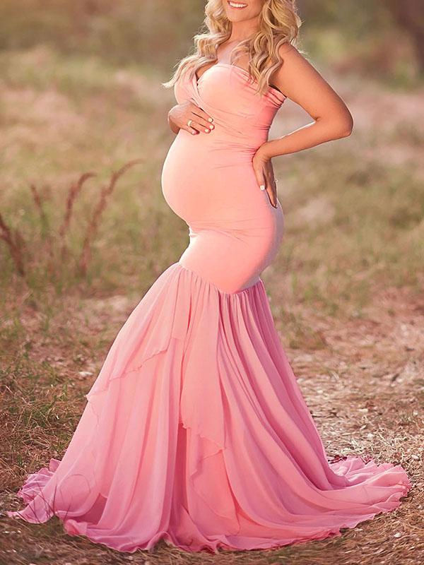 Seindeal Bandeau Mermaid Bodycon Maxi Photoshoot Gown Maternity Dress for Baby Shower Pink