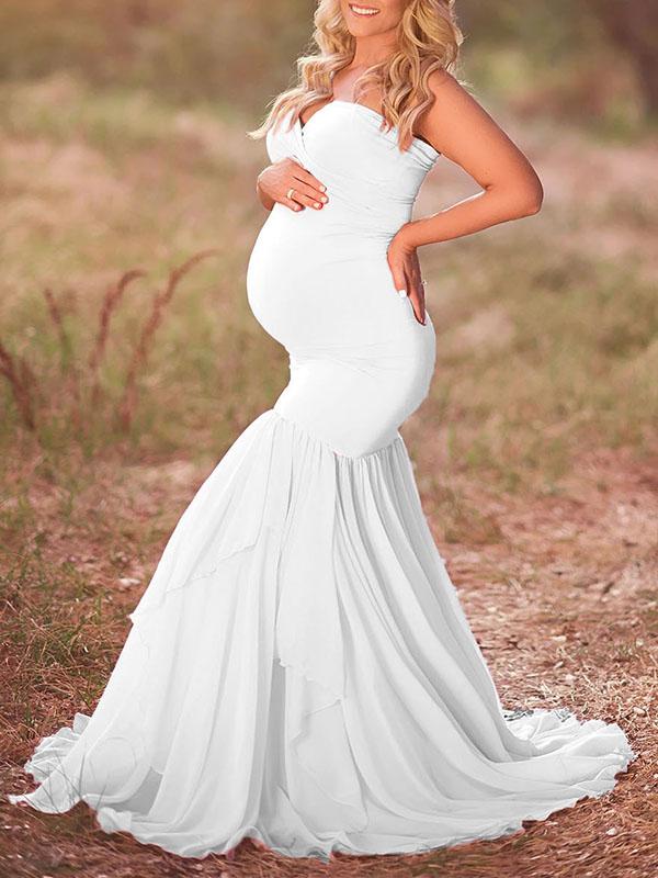Seindeal Bandeau Mermaid Bodycon Maxi Photoshoot Gown Maternity Dress for Baby Shower Pink