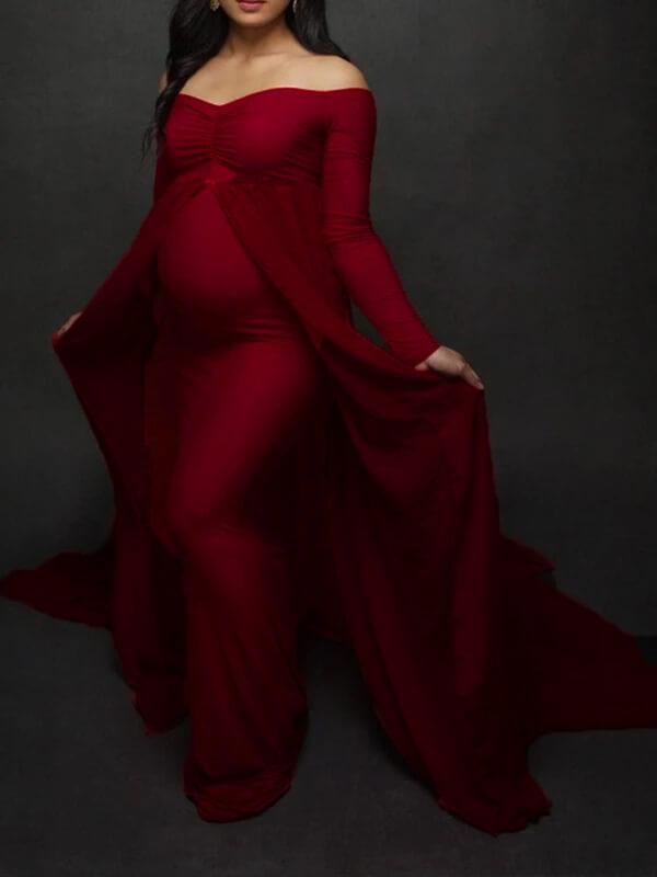 Seindeal Off Shoulder Grenadine Backless Cloak Mermaid Maternity Photoshoot Dress Grey
