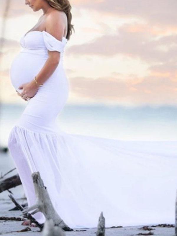 Seindeal Off Shoulder Mermaid White Maternity Dress for Photoshoot Bodycon Maxi