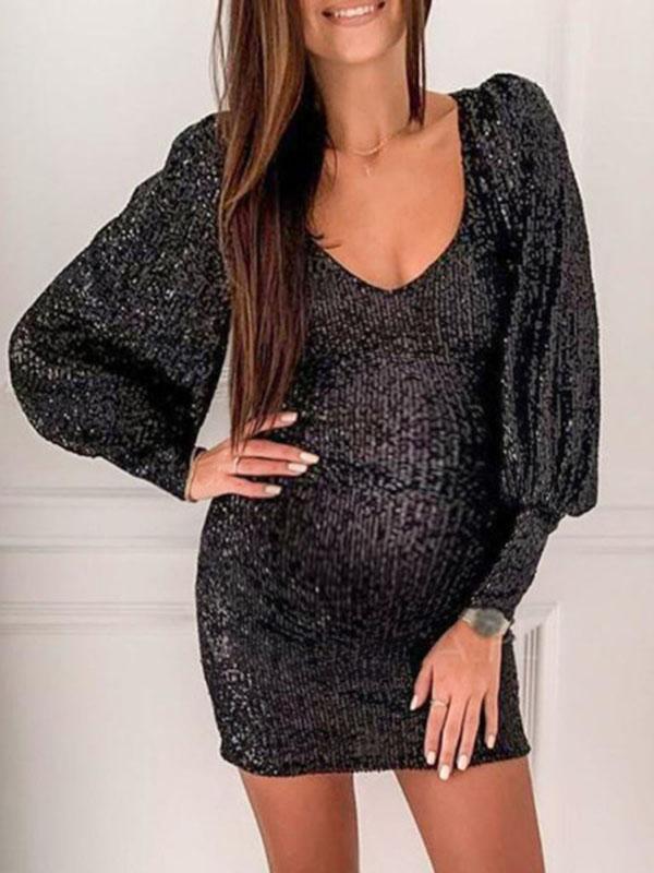 Seindeal Bodycon V-neck Lantern Long Sleeve Prom Sexy Sequins Maternity Mini Dress for Night Evening Party