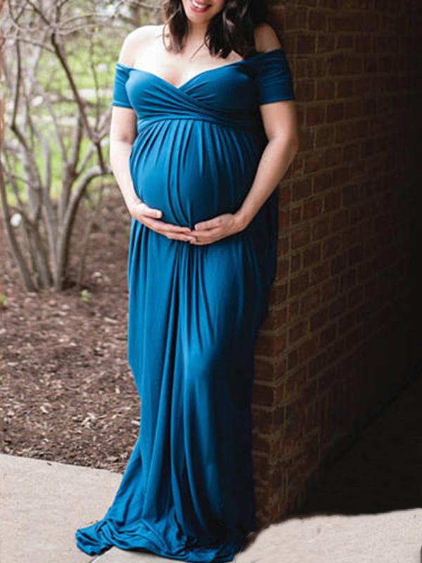 Off Shoulder Slit Short Sleeve Babyshower Maternity Maxi Dress