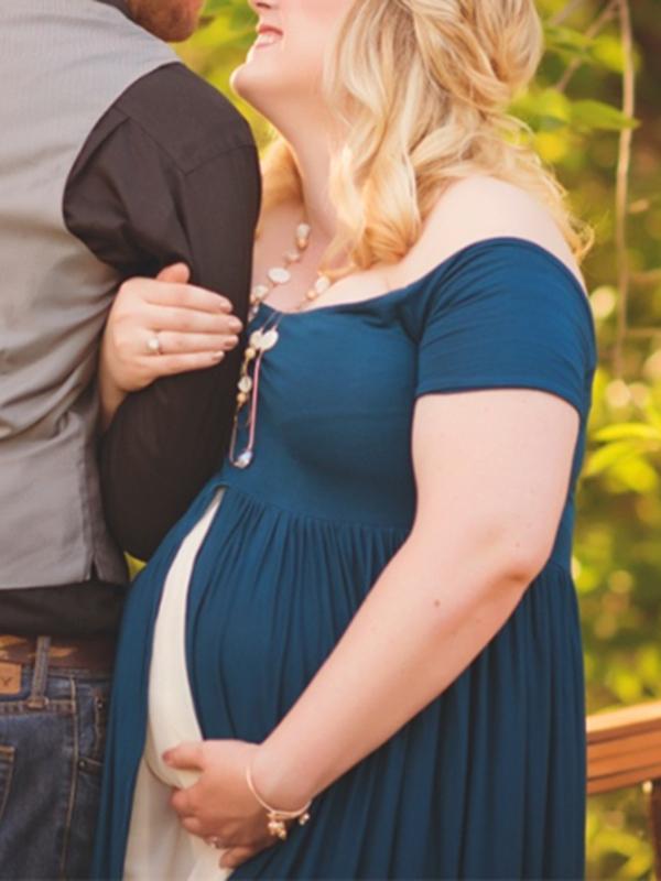 Off Shoulder Slit Short Sleeve Babyshower Maternity Maxi Dress