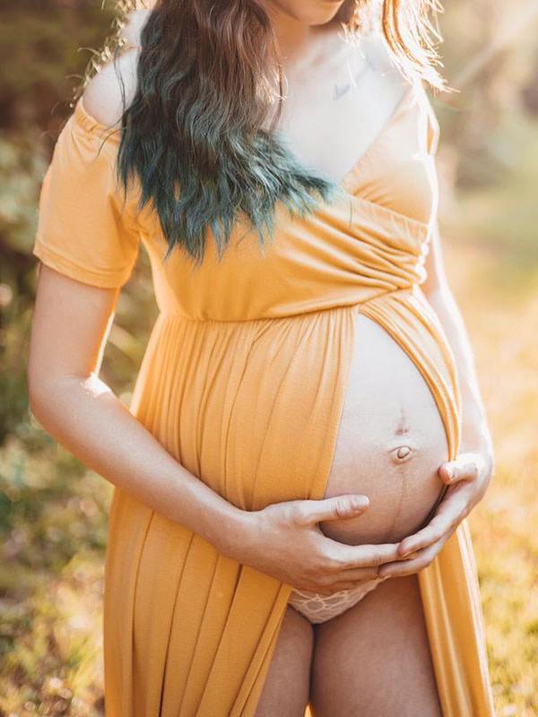 Off Shoulder Slit Short Sleeve Babyshower Maternity Maxi Dress
