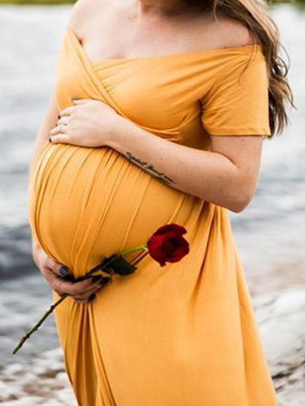 Off Shoulder Slit Short Sleeve Babyshower Maternity Maxi Dress