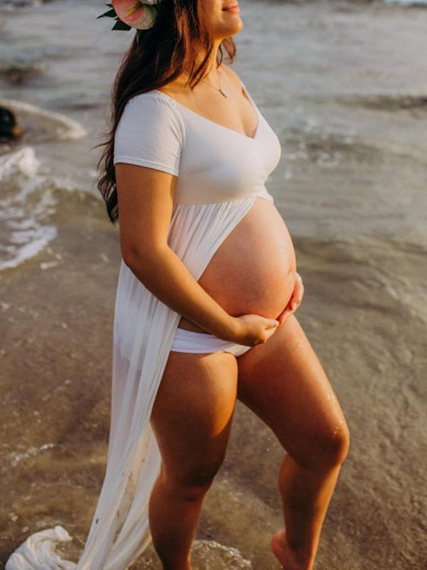 Off Shoulder Slit Short Sleeve Babyshower Maternity Maxi Dress