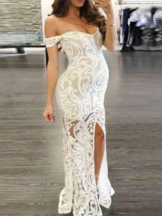 Seindeal Lace Off Shoulder Bodycon Slit Short Sleeve Maternity Banquet Maxi Dress
