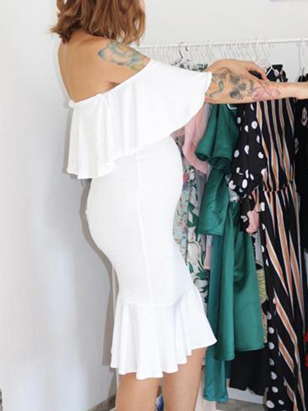 Maternity Ruffle Off Shoulder Bodycon Mermaid Babyshower Midi Dress