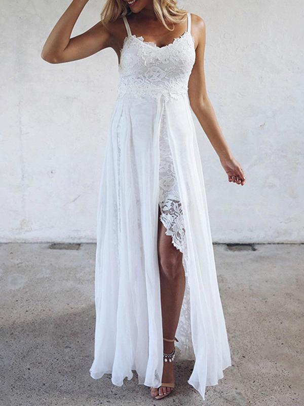 White Lace Backless Slit V-Neck Spaghetti Straps Women Maxi Dresses Lace Dress Wedding Dress