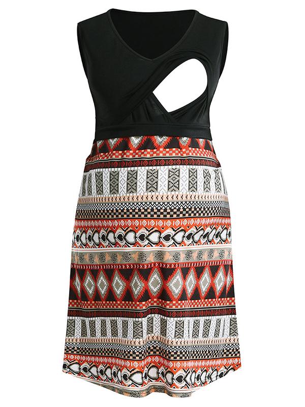 Seindeal Bohemian Print Draped Nursing Maternity Mini Dress