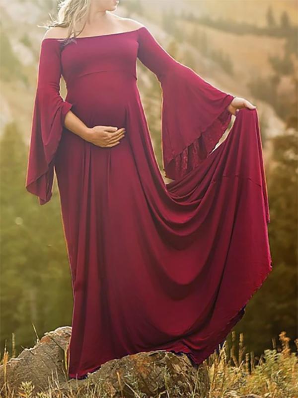 Seindeal Draped Off Shoulder Flare Sleeve Plus Size Maternity Dress for Photoshoot