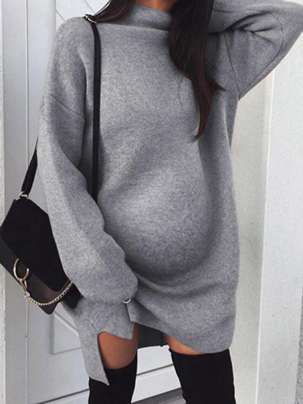 Seindeal Solid Color Band Collar Long Sleeve Cute Mini Crochet Maternity Dress for Winter