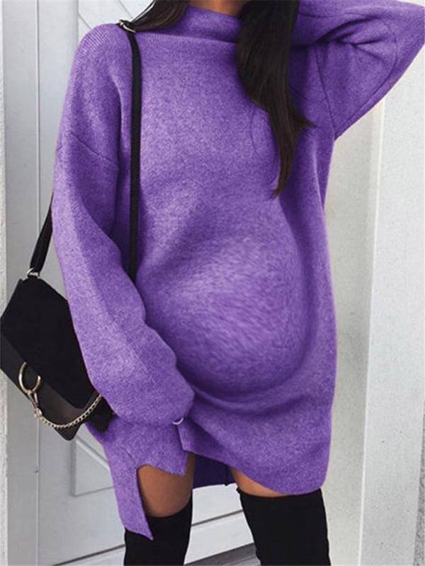 Seindeal Solid Color Band Collar Long Sleeve Cute Mini Crochet Maternity Dress for Winter