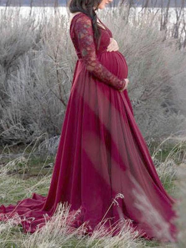 Seindeal Lace Big Swing V-neck Long Sleeve Maxi Maternity Photoshoot Dress