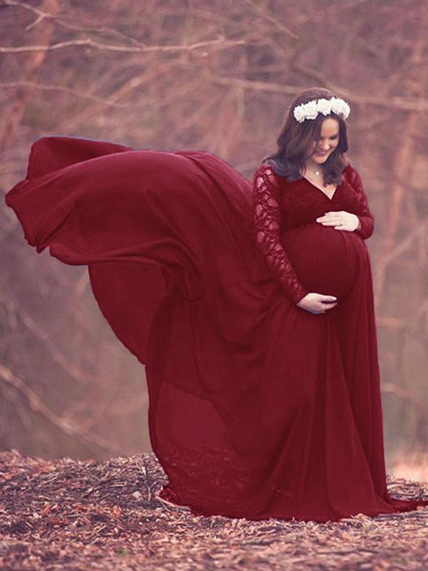 Seindeal Lace Big Swing V-neck Long Sleeve Maxi Maternity Photoshoot Dress