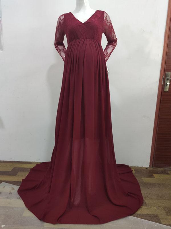 Seindeal Lace Big Swing V-neck Long Sleeve Maxi Maternity Photoshoot Dress