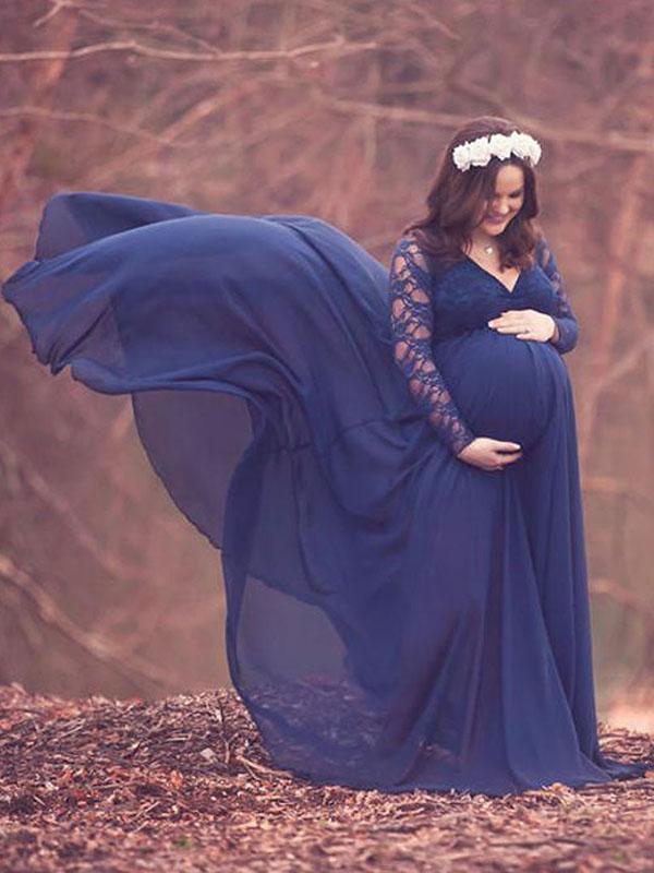 Seindeal Lace Big Swing V-neck Long Sleeve Maxi Maternity Photoshoot Dress