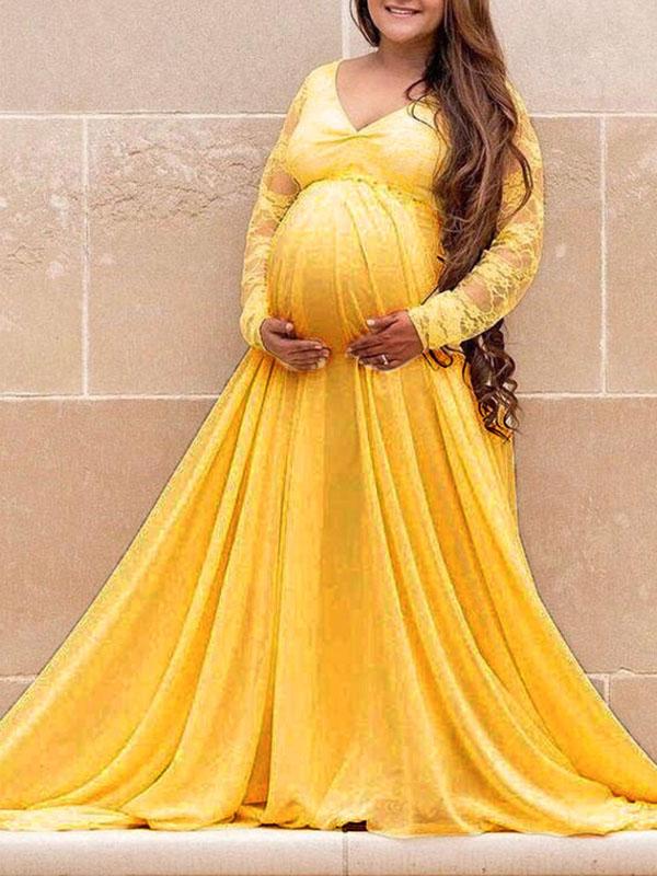 Seindeal Lace Big Swing V-neck Long Sleeve Maxi Maternity Photoshoot Dress