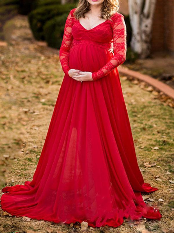 Seindeal Lace Big Swing V-neck Long Sleeve Maxi Maternity Photoshoot Dress