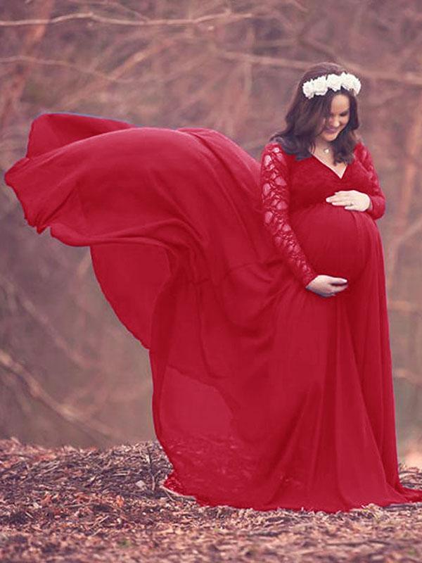 Seindeal Lace Big Swing V-neck Long Sleeve Maxi Maternity Photoshoot Dress
