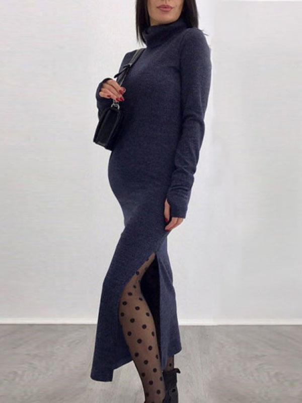 Seindeal Solid Bodycon Slit Crochet High Neck Fall Maternity Sweater Dress Casual Maxi