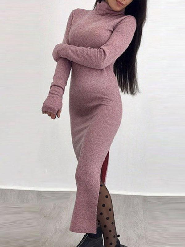 Seindeal Solid Bodycon Slit Crochet High Neck Fall Maternity Sweater Dress Casual Maxi